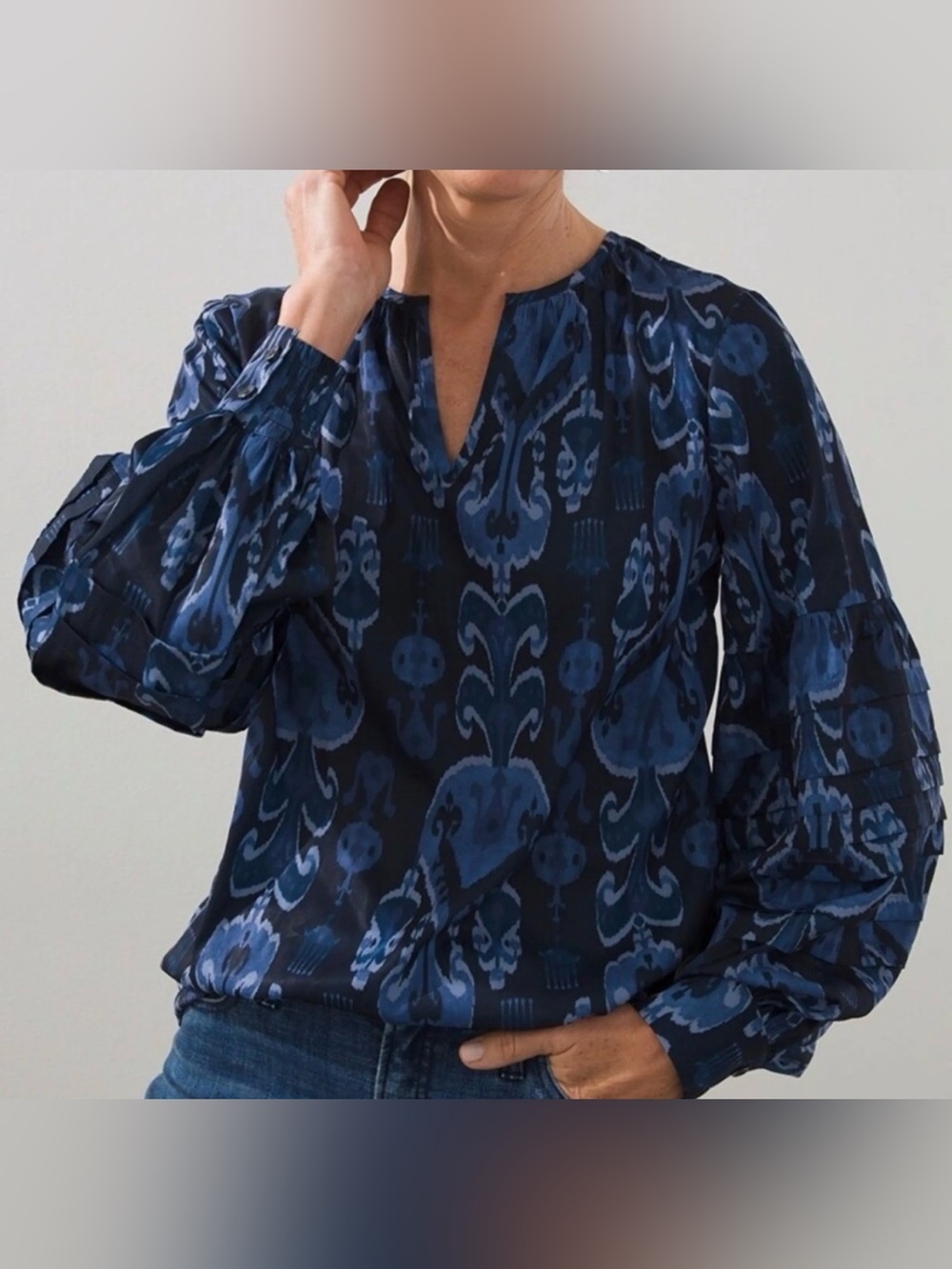 Chicos navy blue Ikat top, size 14